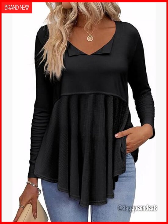 Tops - V-Neck Long Sleeve Peplum Tunic Top Flowy Babydoll Blouse Loose Fit